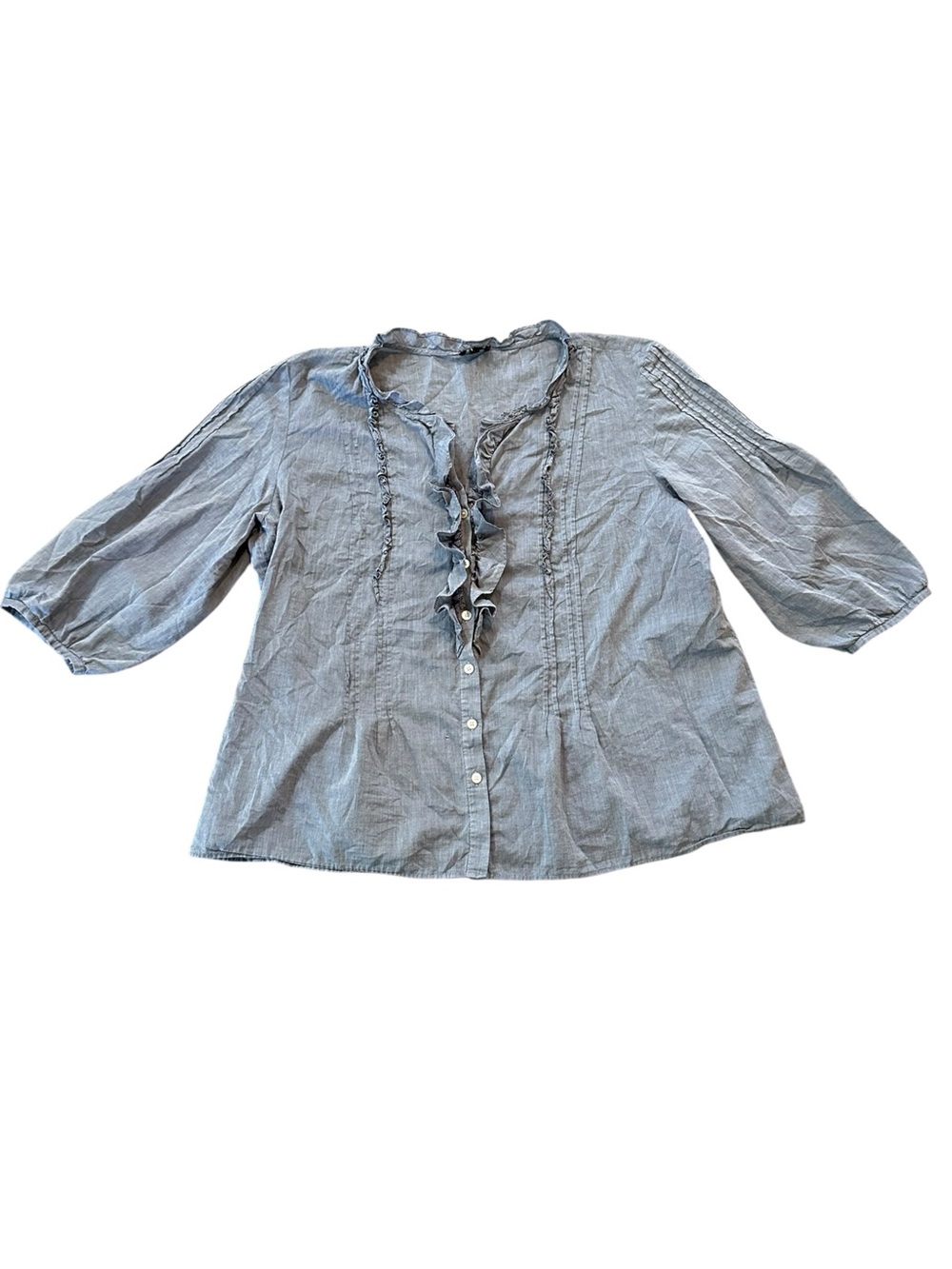 TALBOTS Woman blue ruffled neck 3/4 sleeve button front top size 18W